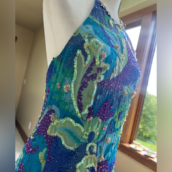 Vintage Cache Turquoise 🦋 Purple Lime Beaded Sequin Cocktail Dress Sz 12 Halter - Picture 3 of 16